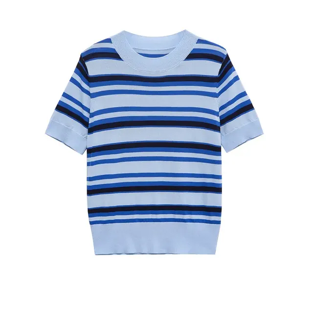 British Style Stripe Pullover Knitwear for Women in Polyester Fabric Featuring Patchwork Design with Round Neck