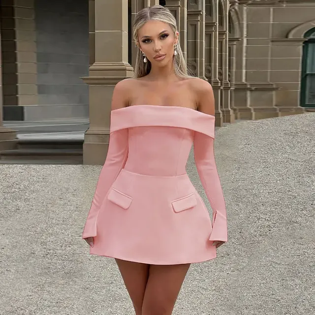Sexy Solid Color Sheath Dress with Long Sleeve and Boat Neck, Polyester Fabric, Above Knee Length