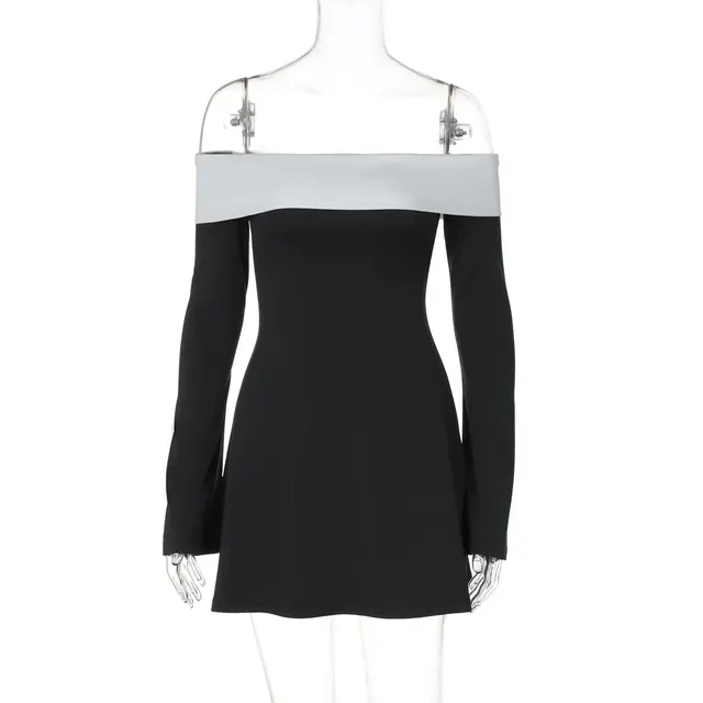 Solid Color A-Line Dress with Long Sleeve Tube Bra Neckline in Elastane Fabric, Perfect for Holiday Streetwear