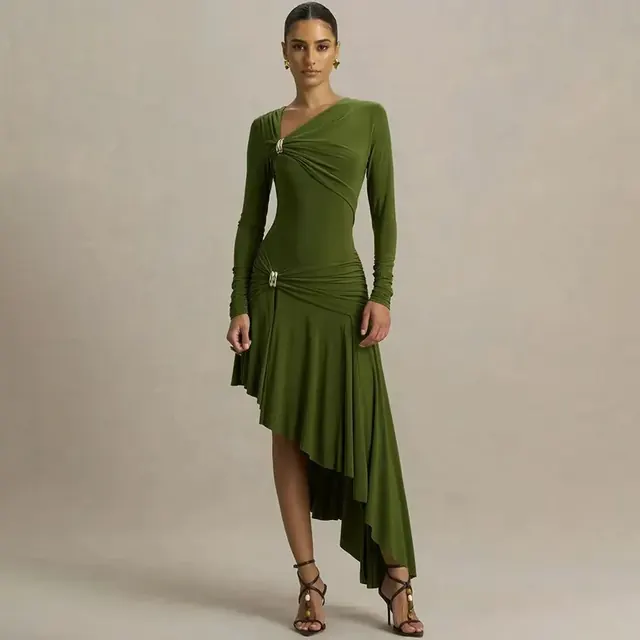 Solid Color Long Sleeve V Neck Party Dress in Polyester, Casual Streetwear Style