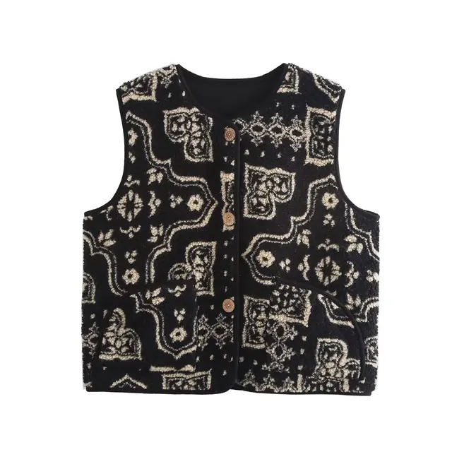 Women's Polyester Streetwear Vest with Shearling, Sleeveless Design Featuring Round Neck and Single Breasted Closure with Printing