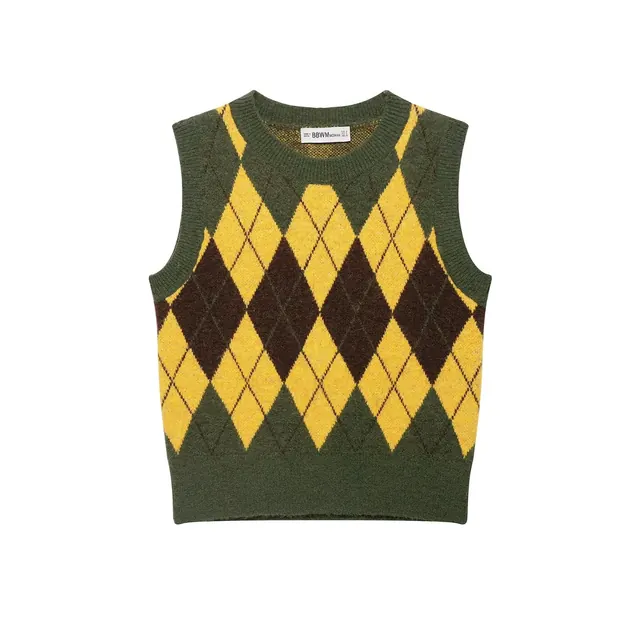 Women's Argyle Sleeveless Pullover Vest with Round Neck in Polyester, Perfect for Autumn