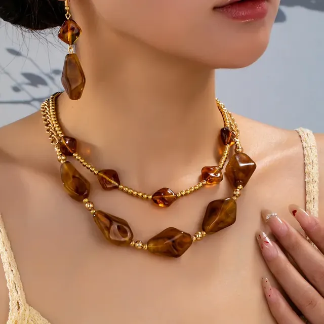 Irregular Pattern Jewelry Set for Women with KC Golden Plated 0.03µm Finish, Acrylic Inlay, Beaded Chain, and Beading Craft