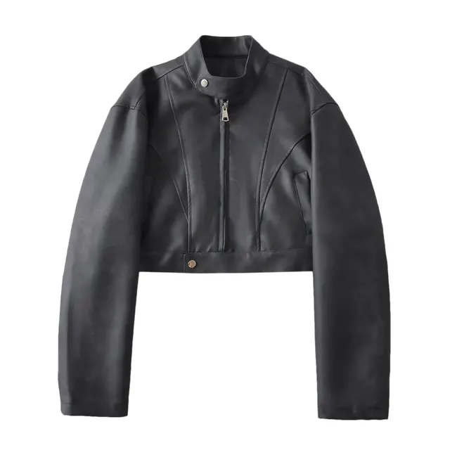 Streetwear Women's Leather Jacket with Zipper Placket and Standing Collar, Washed Polyester Fabric