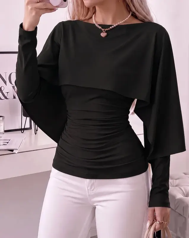 Elegant Solid Color Long Sleeve Polyester T-shirt with Cloak Sleeve Featuring Pullover Design