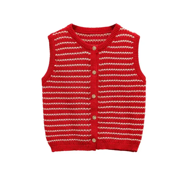 Women's Sleeveless Vest with Round Neck and Single Breasted Closure, Polyester Fabric Featuring Jacquard Stripe Pattern in Simple Style