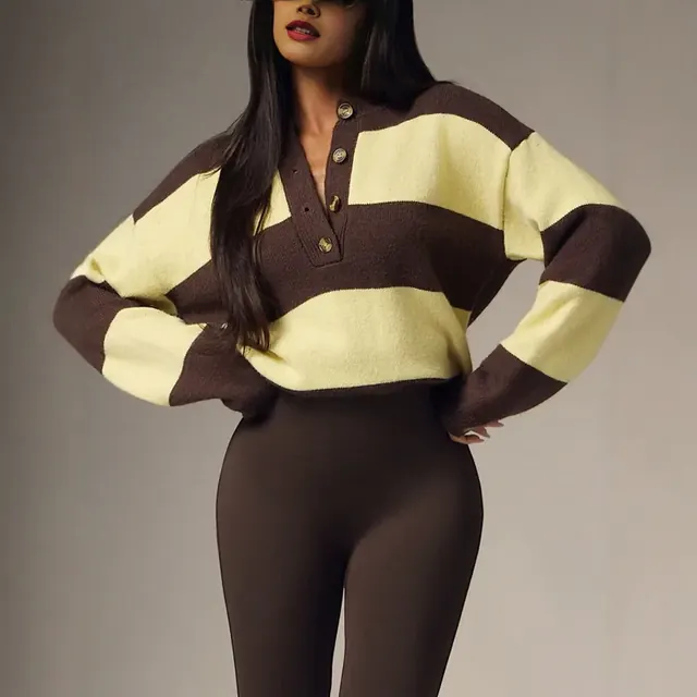 Vintage Style Color Block Long Sleeve Polyester Sweater with Henley Neck and Pullover Design