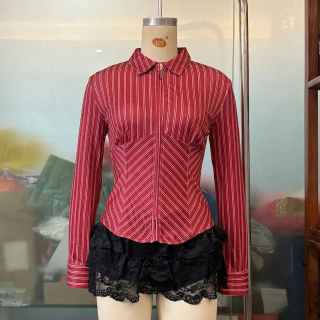 Stripe Cardigan with Zipper Closure and Lapel Collar for Women, Made of Polyester Featuring Casual Style and Regular Sleeves