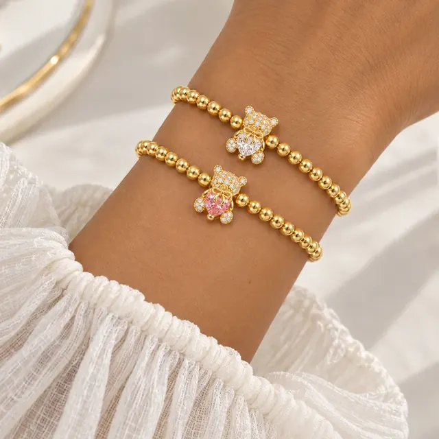Cute Bear Beading Bracelet in Copper with 18K Real Gold Plated Finish and Artificial Crystal Inlay on Beaded Chain