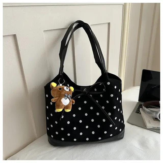 Women’s Suede Polka Dots Tote Bag with Sewing Thread Detail, Single Shoulder Strap, Perfect for Autumn