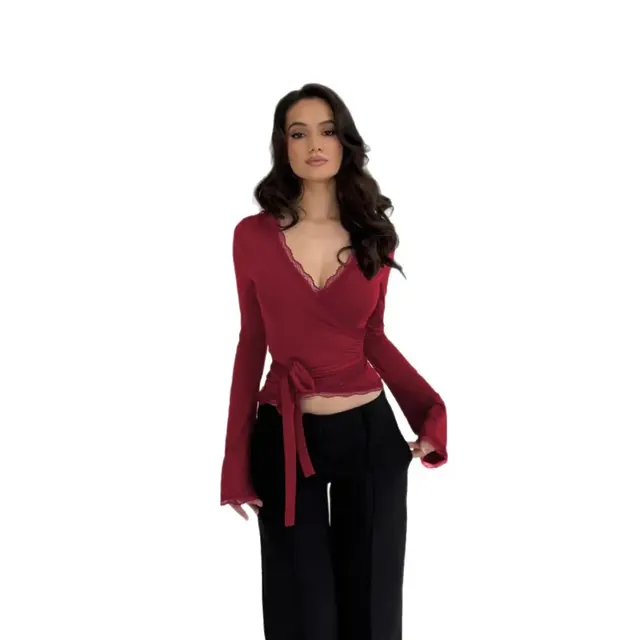 Sexy Slim Fit Long Sleeve V Neck Solid Color T-Shirt with Lace Detail for Women