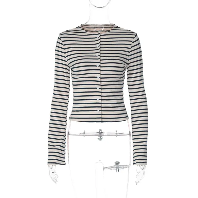 Long Sleeve Streetwear T-shirt for Women in Autumn featuring Elastane Fabric with Stripe Design