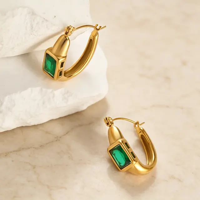 Geometric Earrings Crafted from 316 Stainless Steel with 18K Real Gold Plating and Glass Inlay, Unisex Design