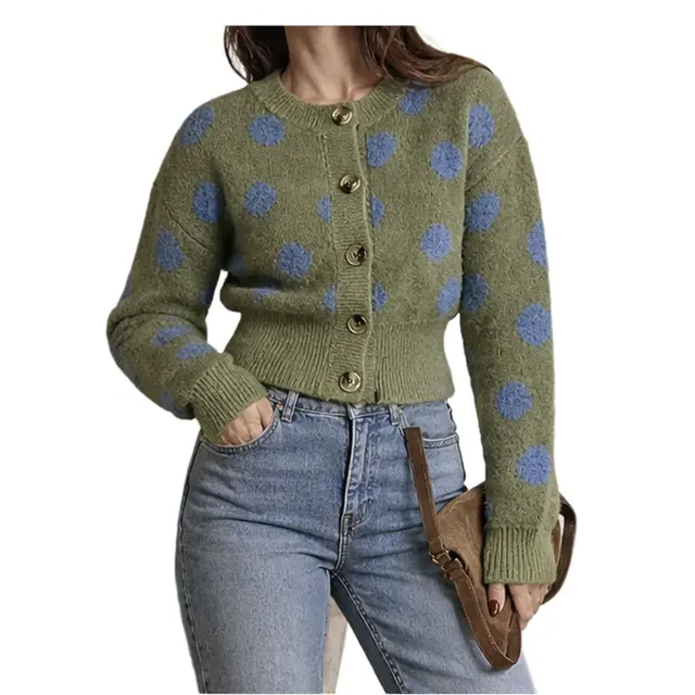 Vintage Style Polka Dots Sweater with Long Sleeve, Round Neck, Knitted in Imitation Mink Fleece