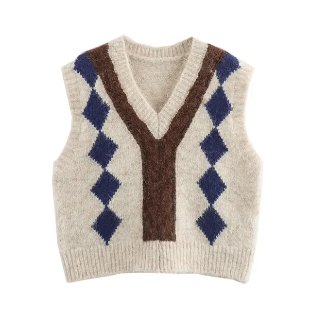 Maillard Style Knitted Polyester Vest for Women with V Neck and Color Block Design, Pullover Closure