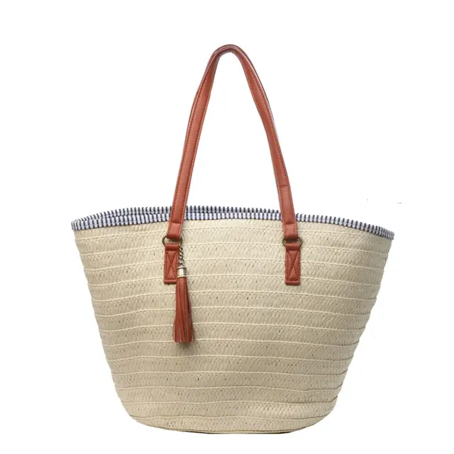 Large Straw Bucket Tote Bag with Zipper Closure and Double Shoulder Straps, Featuring Polyester Cotton Lining