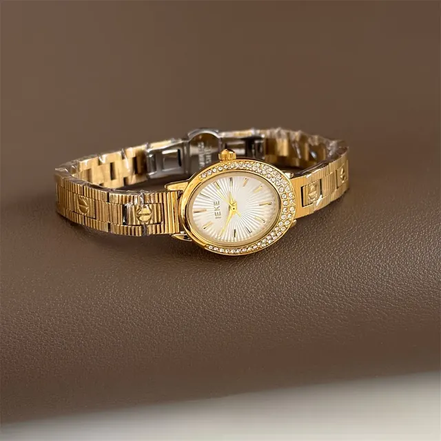 Oval Crescent Full-Diamond Steel Band Watch Women's Light Luxury Pointer Display Small-Dial Watch