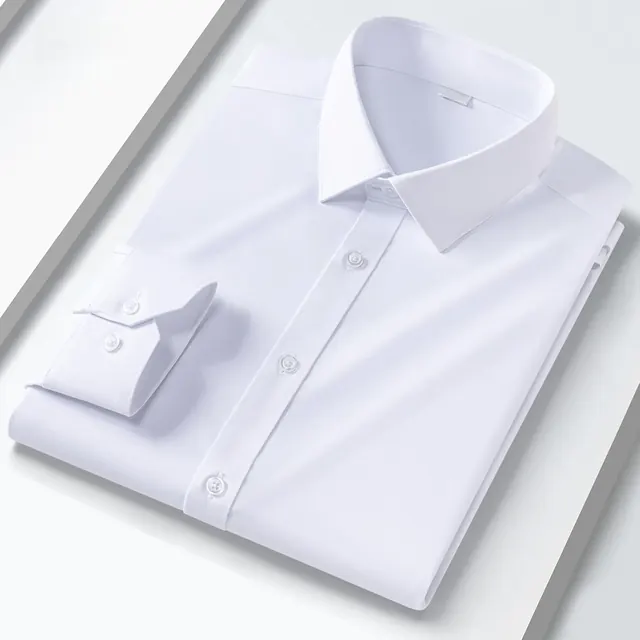 Solid Color Business Long Sleeve Men's Shirt in Polyester with Single Breasted Closure and Shirtsleeve Style