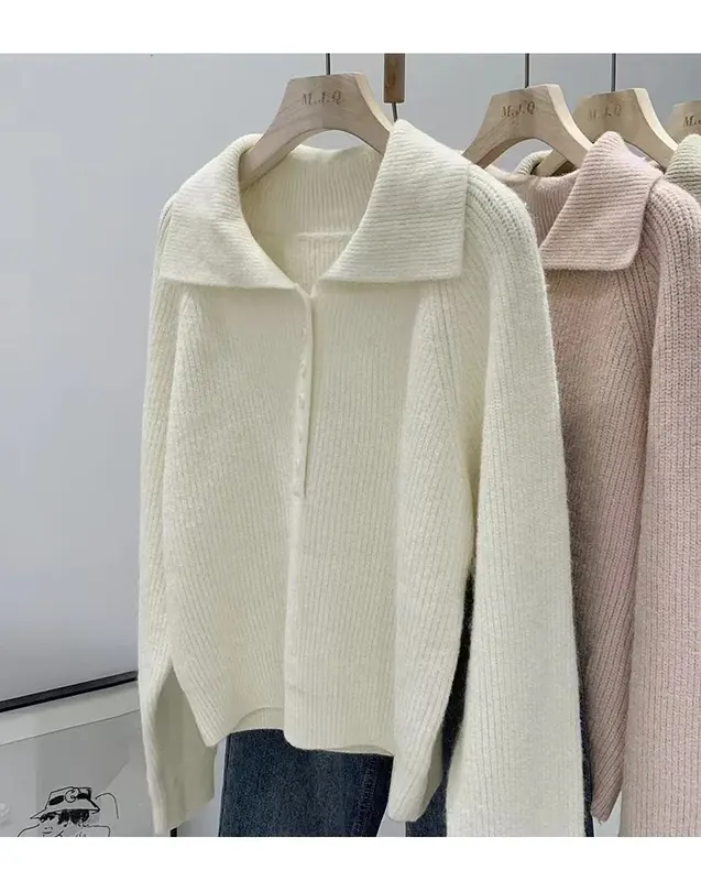 Loose Solid Color Long Sleeve Polyester Women's Pullover Sweater with Button Detail