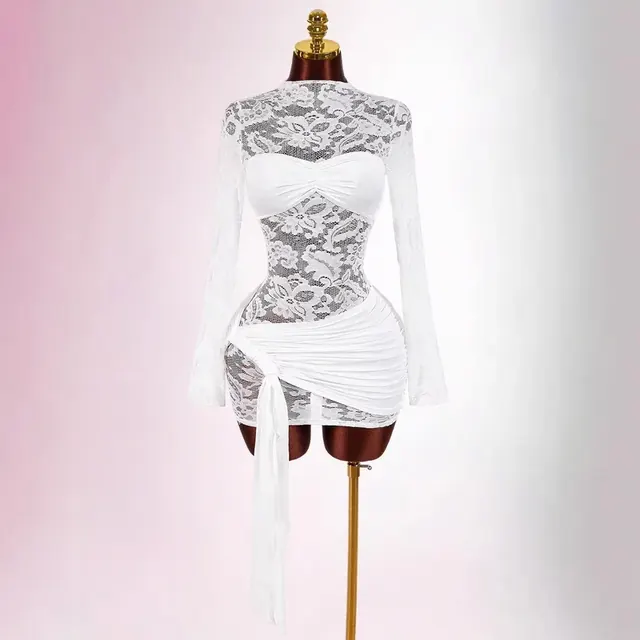 Solid Color Sexy Lace Dress with Long Sleeve and Round Neck, Casual White Dress