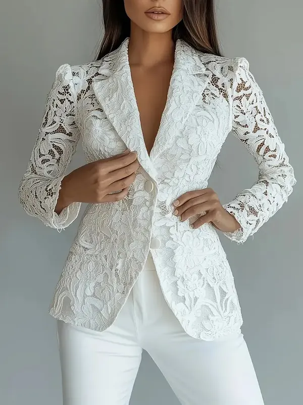 Elegant Lace Polyester Blazer with V Neck and Single Breasted Closure