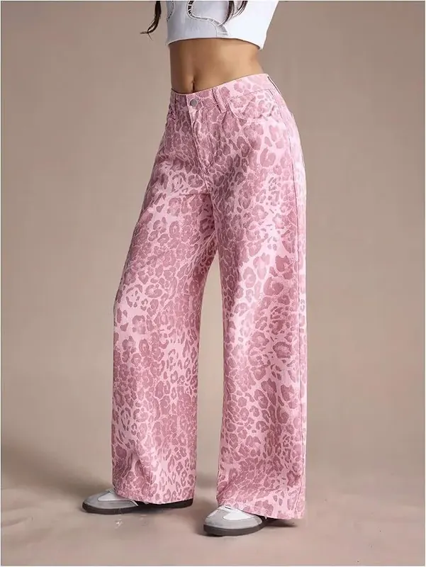 Leopard Print Straight Full Length Cowboy Style Pants for Women in Casual Wear, Made with Over 70% Cotton Fabric