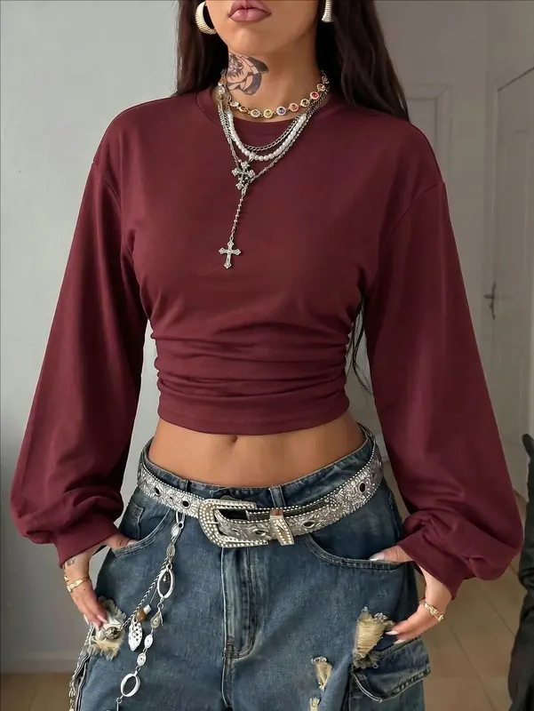 Solid Color Long Sleeve Streetwear Pullover Hoodie for Women with Round Neck Featuring Folds