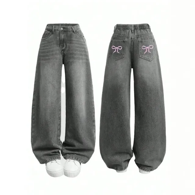 Solid Color Casual Denim Jeans for Girls in Grey, Full Length Children's Denim Pants