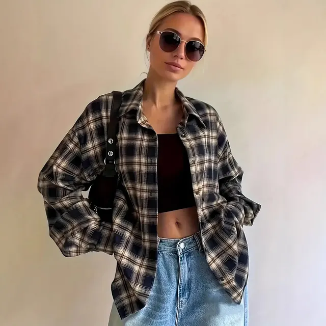 Plaid Casual Long Sleeve Polyester Shirt for Women with Single Breasted Front and Lapel Collar