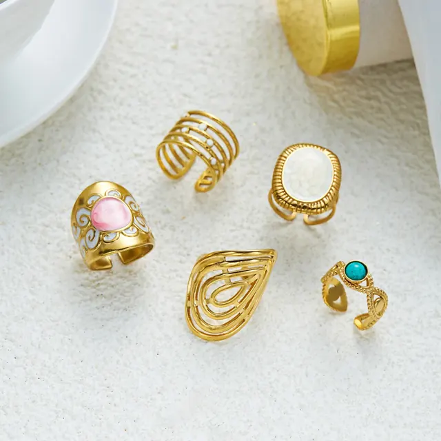 Asymmetrical Sunflower Open Ring in 304 Stainless Steel with 18K Real Gold Plated PVD Coating and Turquoise Inlay