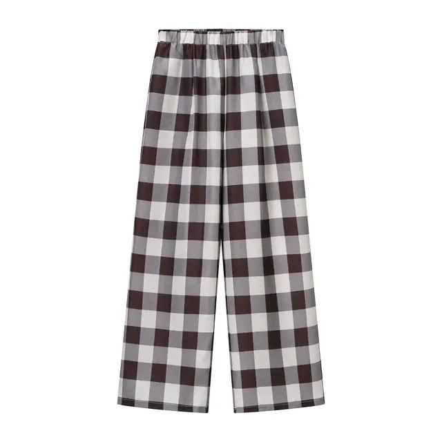 Plaid Wide Leg Full Length Casual Pants in Polyester with Contrast Collar for Streetwear