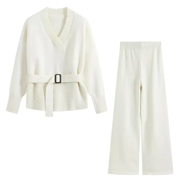 Streetwear Pant Co-ord Set in Knit Fabric with Belt, featuring V Neck and Long Sleeve, Full Length Pants with Stretchy Fit