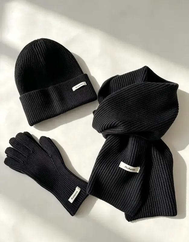 Sweet Solid Color Women’s Wool Cap 3 Pieces Set in Knitted Knit Material