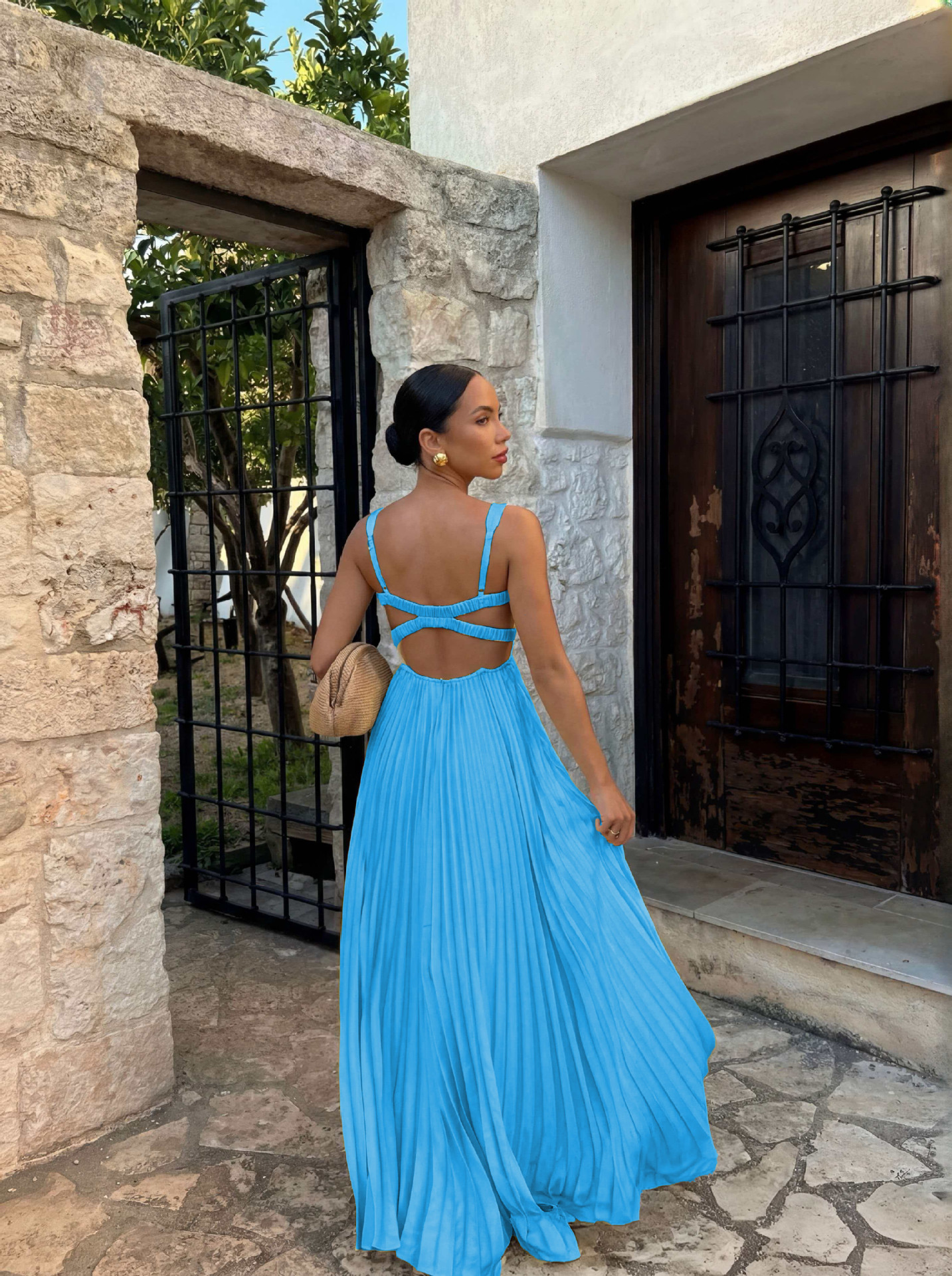 Solid Color Sleeveless V Neck Strap Dress