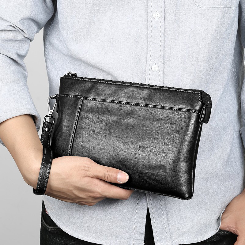 Men's Solid Color PU Leather Clutch Bag
