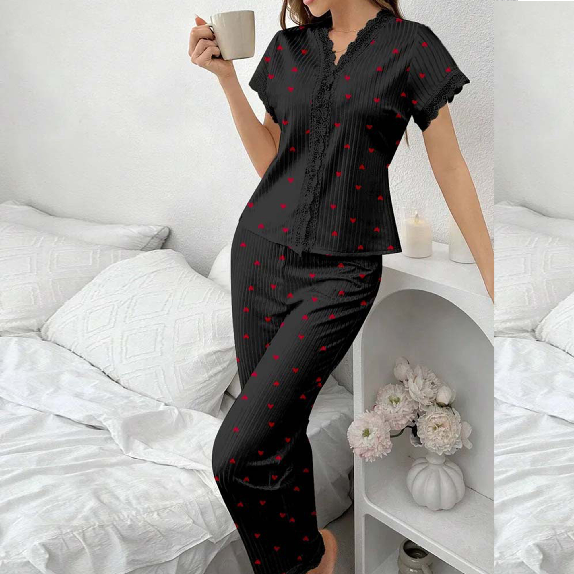 Heart Shape Women’s Simple Style Polyester Pajamas Set