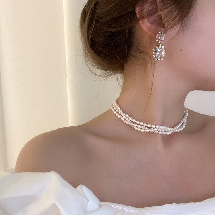 Three Layer Necklace With Freshwater Pearl Inlay And Snake Chain