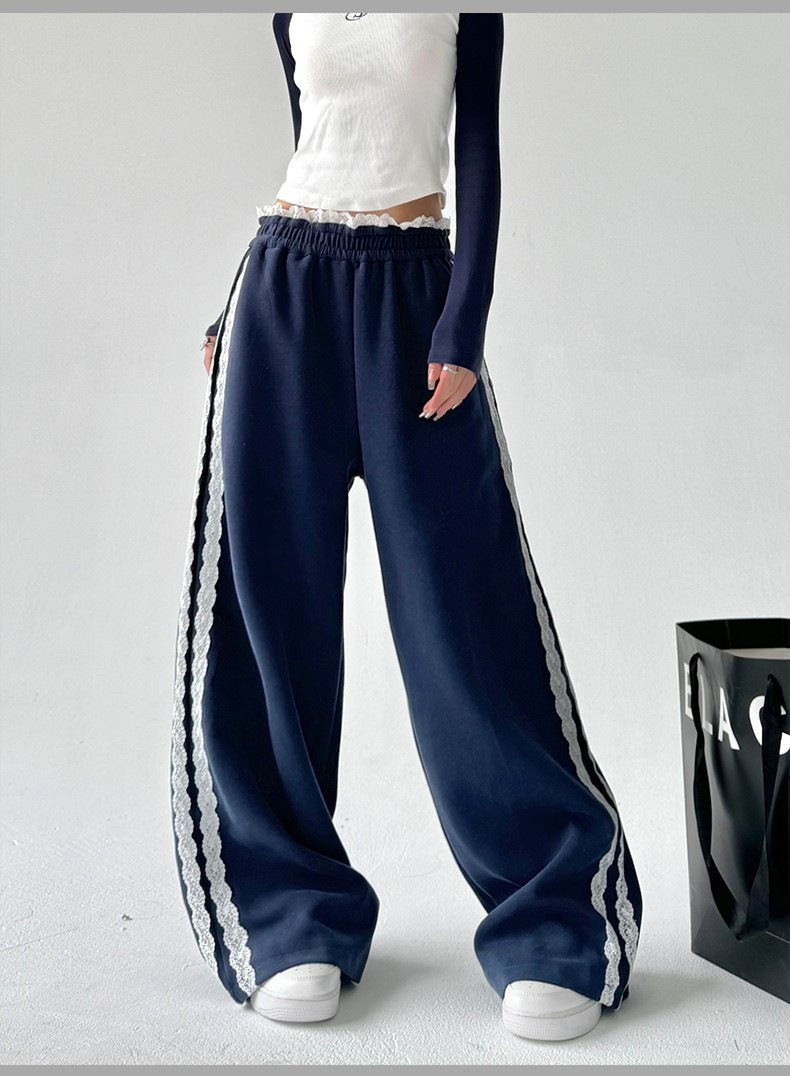Full Length Pants In Cotton With Lace Detailing
