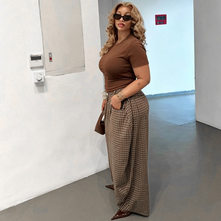 Retro Plaid Wide Leg Pants In Full Length For Casual Wea r