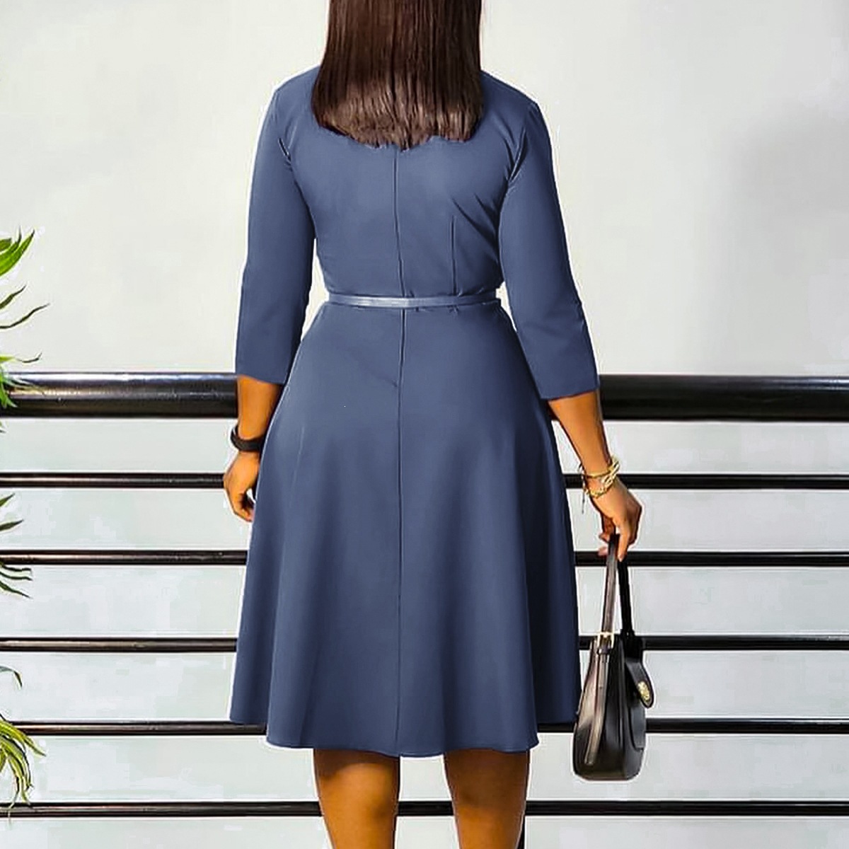 Elegant Solid Color Swing Dress With V Neck And 3/4 Length Sleeve