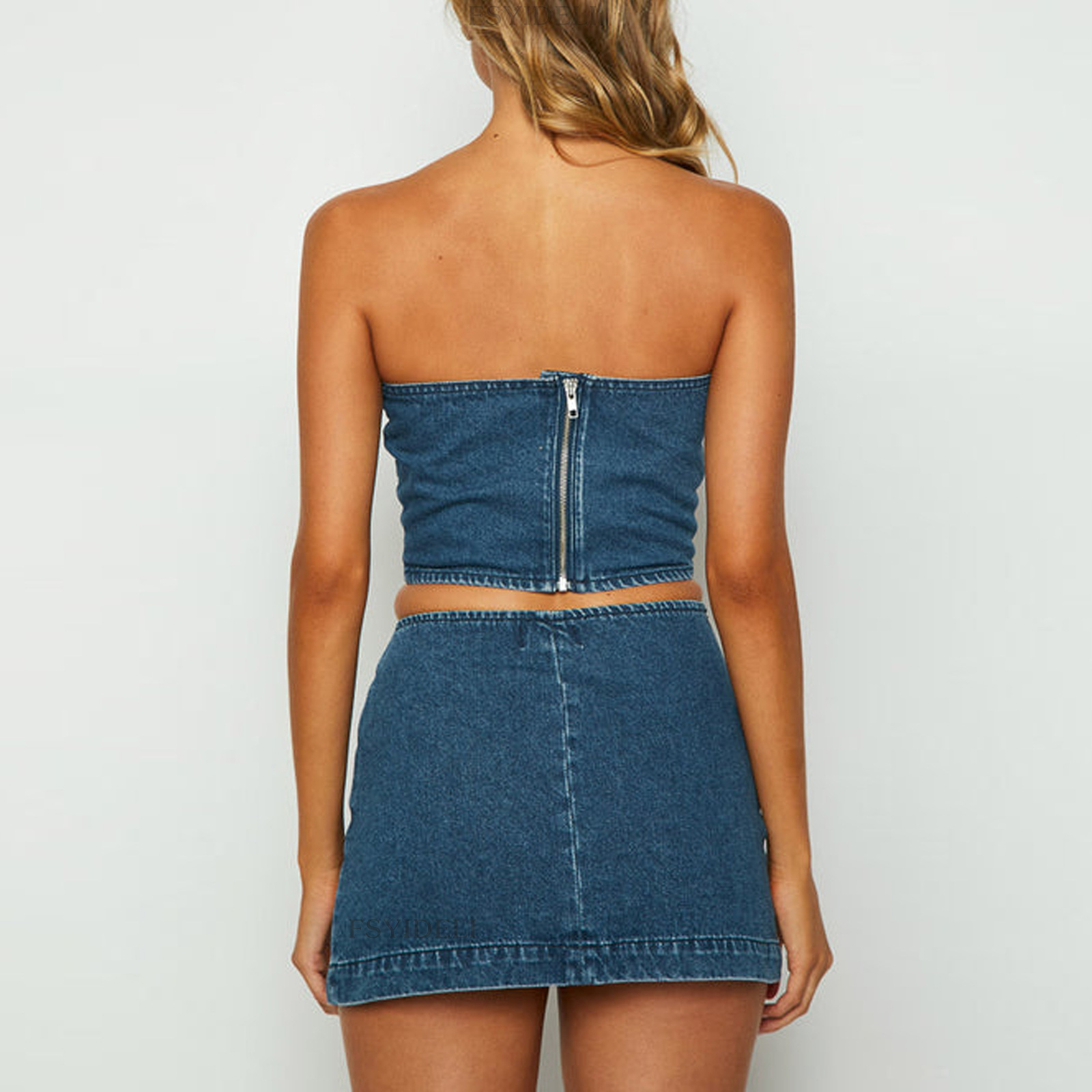 Denim Bandeau Skirt Co-ord Set
