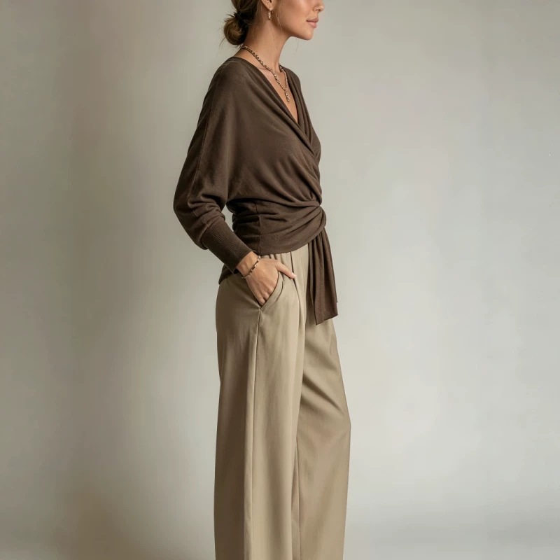 Vintage Style Solid Color Pant Co-ord Set With Rib-Knit Fabric