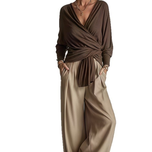 Vintage Style Solid Color Pant Co-ord Set With Rib-Knit Fabric