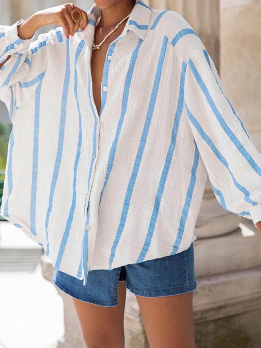 Vintage Style Stripe Long Sleeve Polyester Shirt