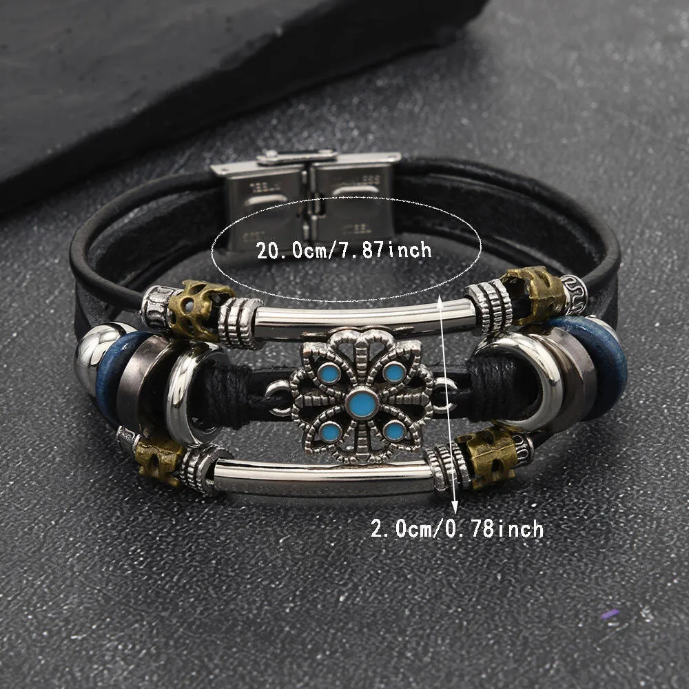 New Retro Ethnic Turquoise Lace Multi-layer Leather Stainless Steel Bracelet for Men and Women Couple Bracelet