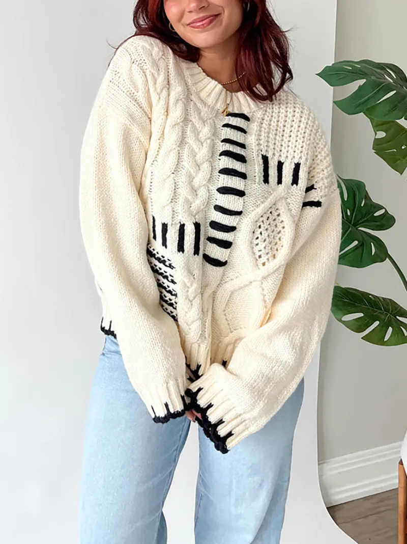 Striped Crochet Lace Long Sleeve Loose Pullover Sweater for Women