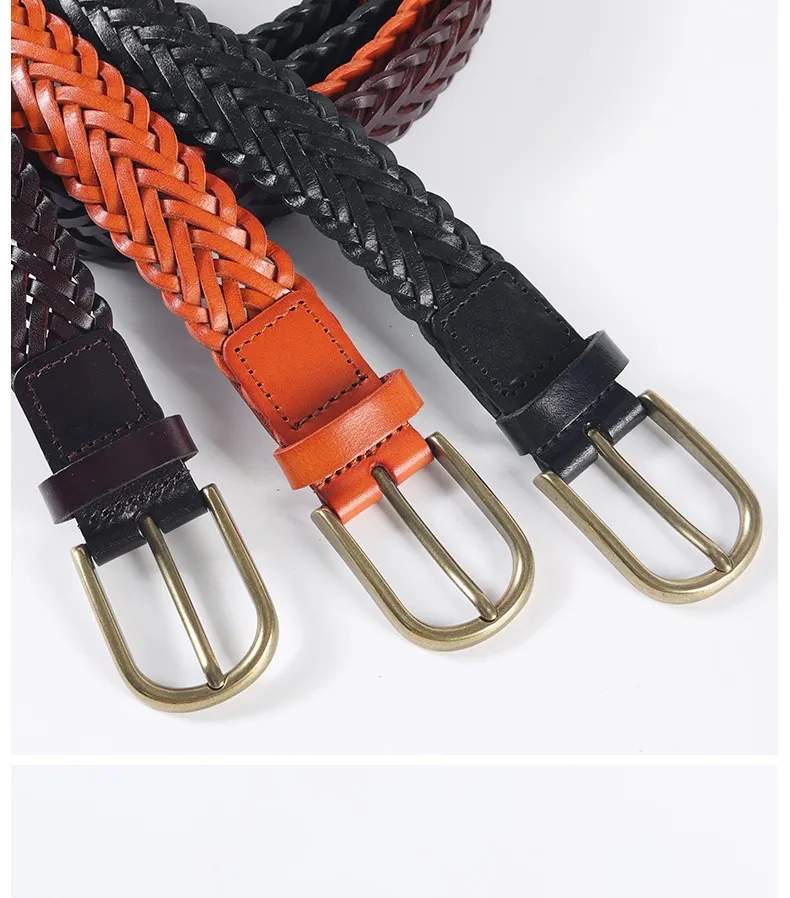 Retro Women’s Braided Genuine Leather Belt with Alloy Pin Buckle Featuring Braid Surface Finish