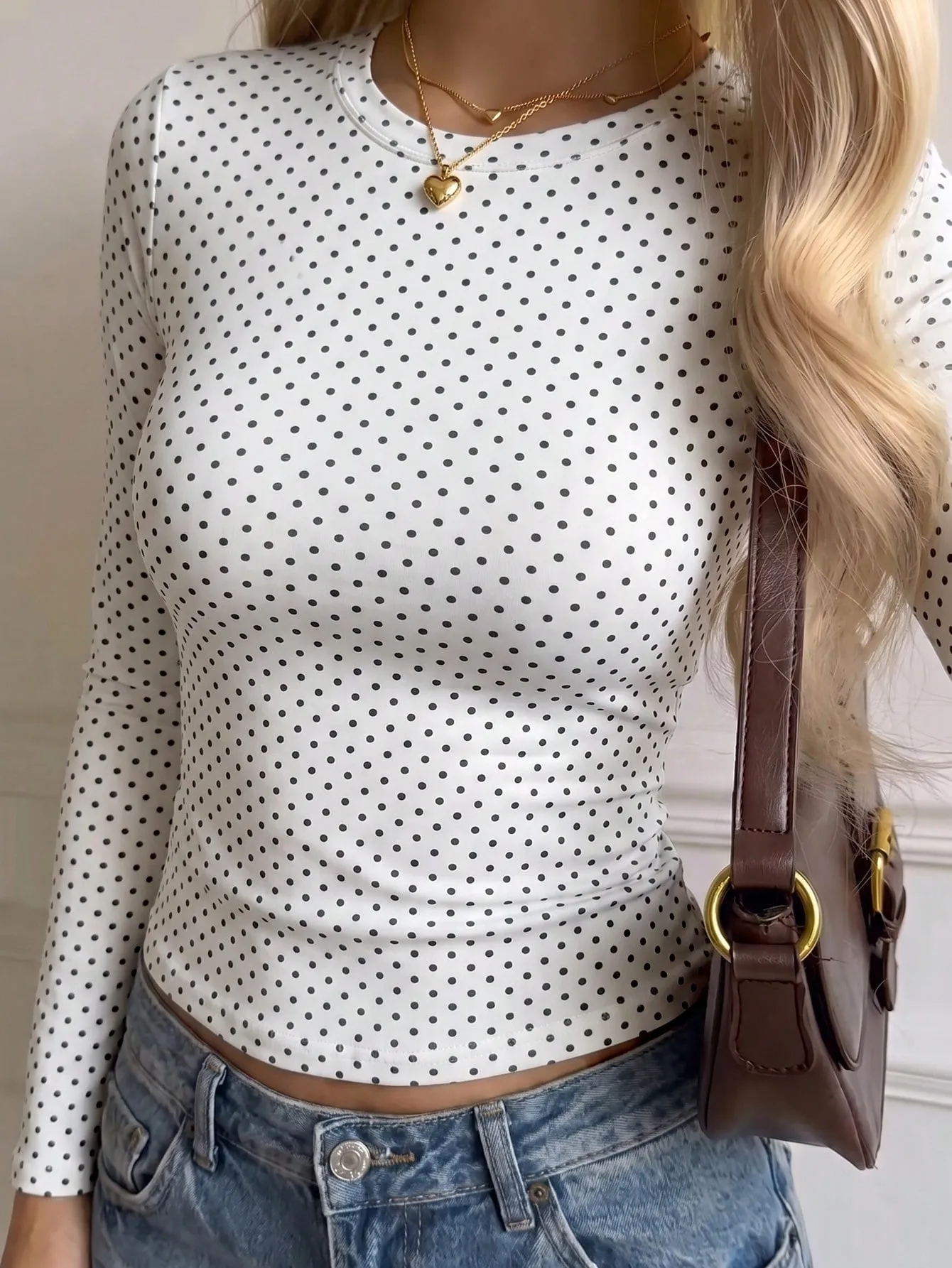 Vintage Style Polka Dots Long Sleeve Polyester T-shirt with Printing and Pullover Design for Women