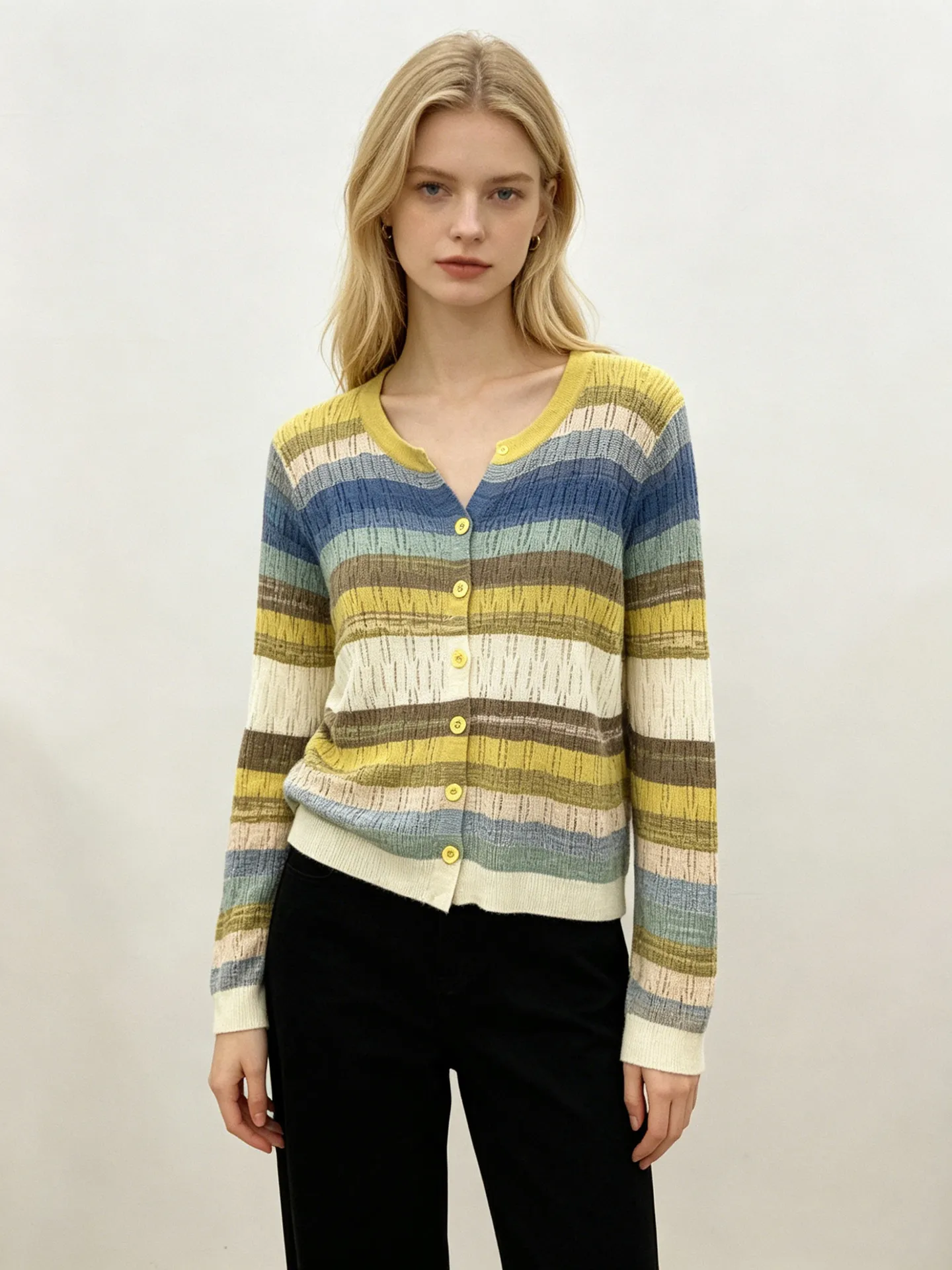 Color Block Long Sleeve Simple Style Viscose Knitwear for Women with Hollow Out Craft and Placket