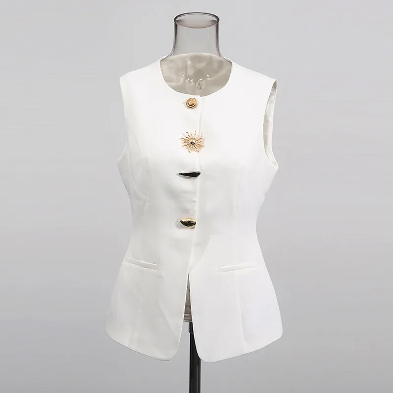 Color Block Sleeveless Vest in Polyester Fabric with Button Detail, Streetwear Style for Women